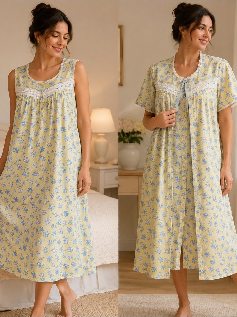 Vintage Character Floral Nightgown & House Coat Set Medium Cottagecore